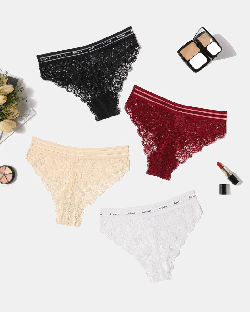 Floral lace hipster panties set in black, burgundy, beige, and white briefs