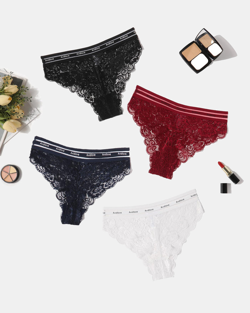 Floral lace hipster panties set: black, burgundy, navy, and white briefs