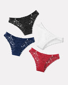 Low-rise cheeky lace tangas set in black, navy, white, and red