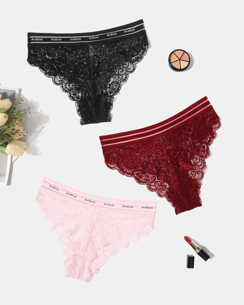Lace hipster panties set with striped waistband in black, burgundy, and blush