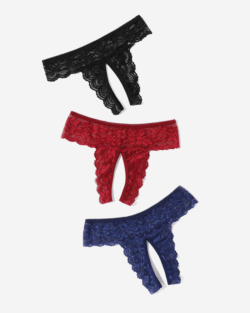 Three-pack lace low rise hipsters in black, red, and navy blue
