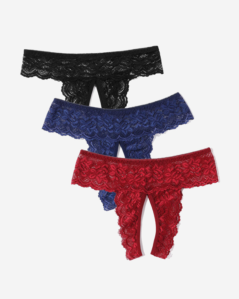 Three-pack lace low rise hipsters in black, navy blue, and red