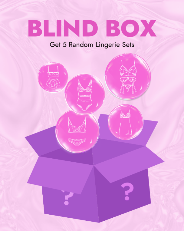 Blind lingerie box with five mystery lingerie set icons inside an open package