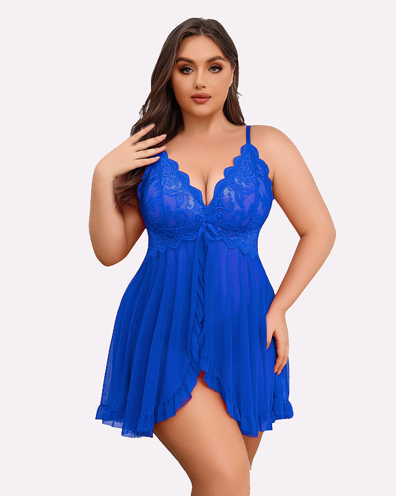 Plus size lace babydoll with open front, blue lace bodice and sheer tiered skirt