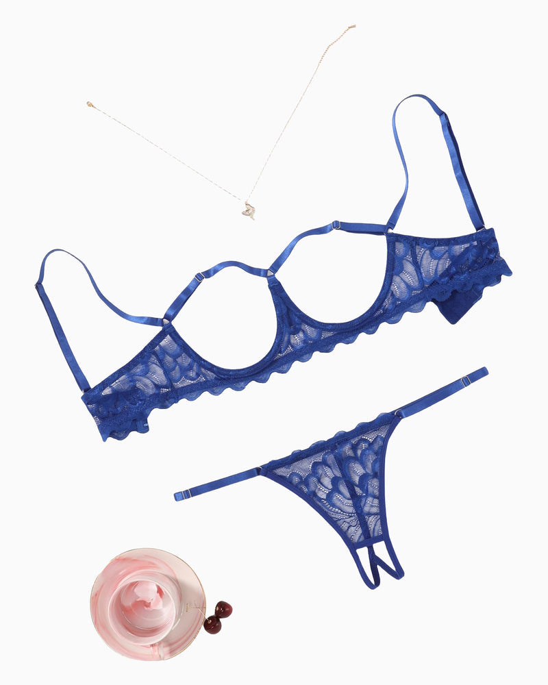 Blue lace cupless bra and thong panty set, bra and panty shown flat