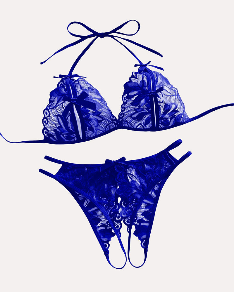 Royal blue lace halter bra and matching lace thong set with ribbon ties