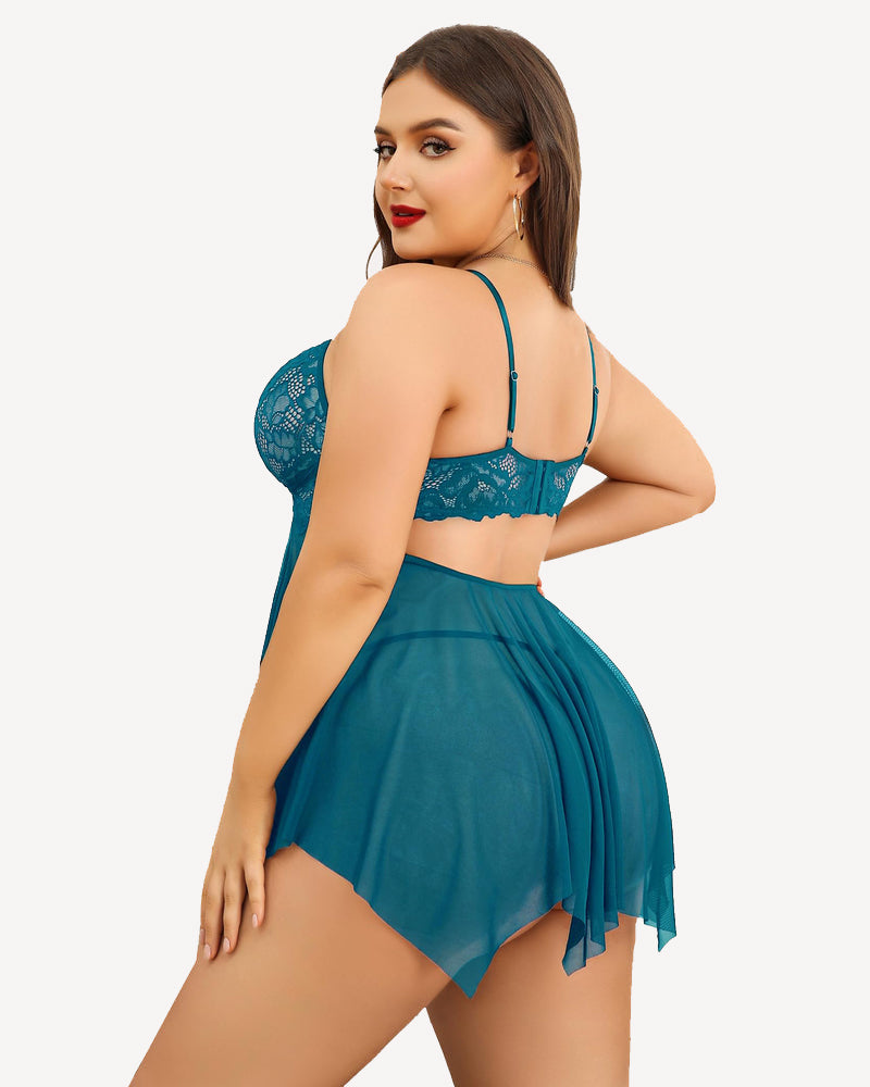 Plus size lace bridal babydoll nightgown, teal-blue lace back and sheer skirt