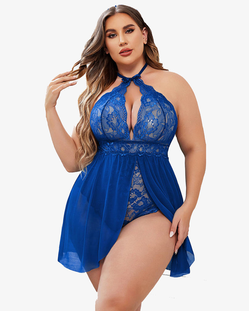 Blue lace halter babydoll with open front and sheer skirt overlay