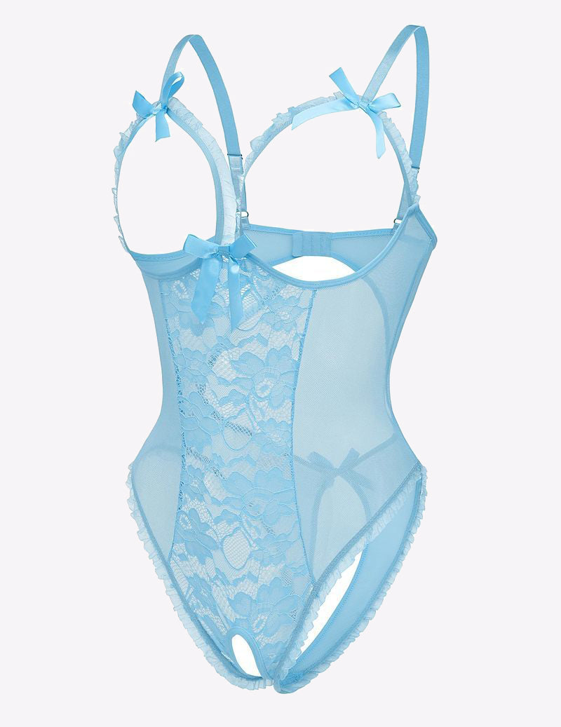 Light blue lace cut-out cup bodysuit with bow straps and sheer mesh, thong back