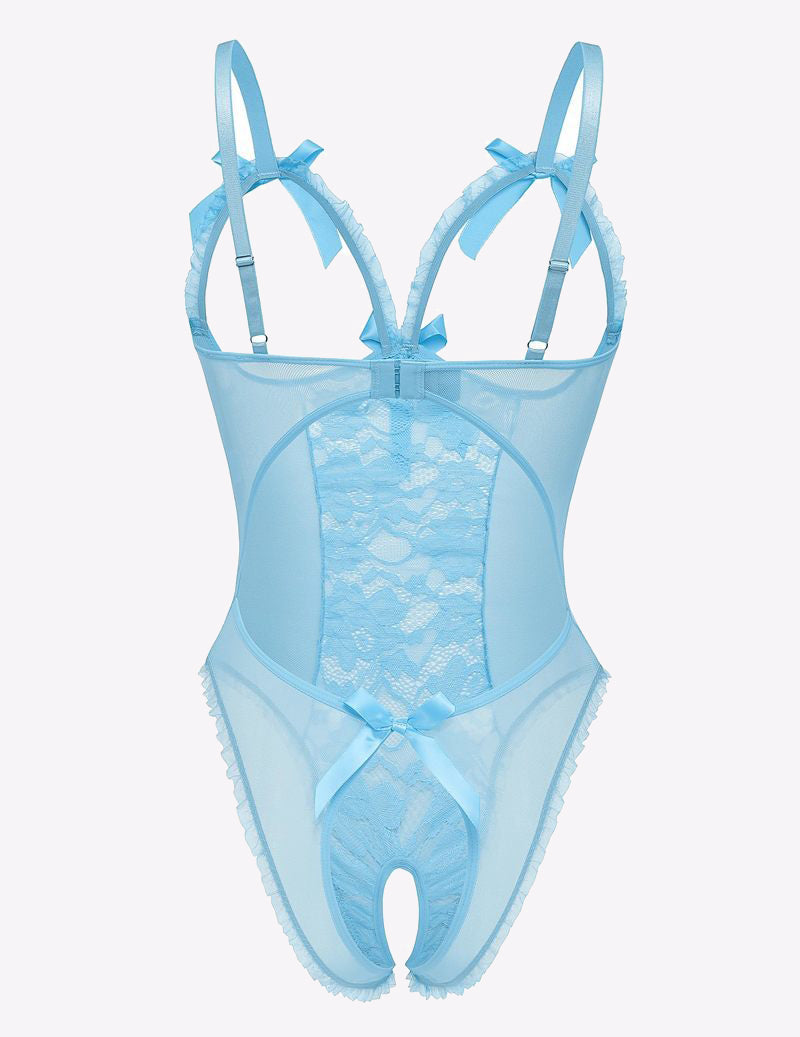 Sky blue lace cut-out cup bodysuit with bow straps, sheer panels, thong back