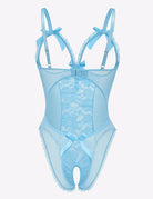 Sky blue lace cut-out cup bodysuit with bow straps, sheer panels, thong back