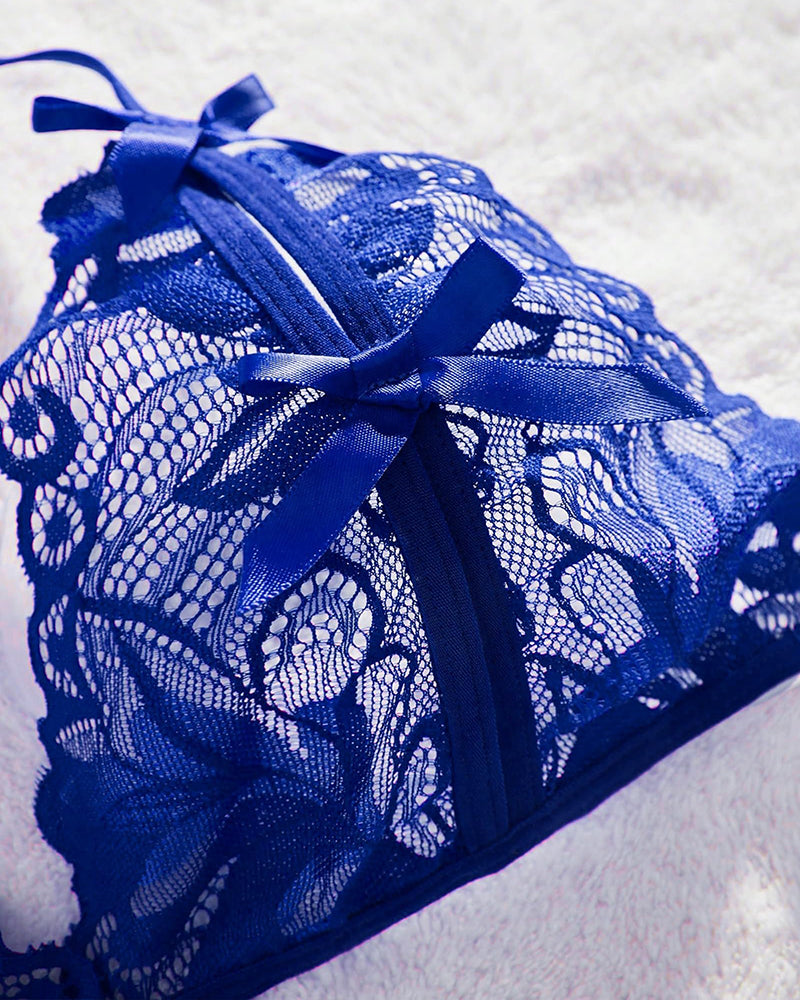 Lace halter bra detail, royal blue with bow-tie straps