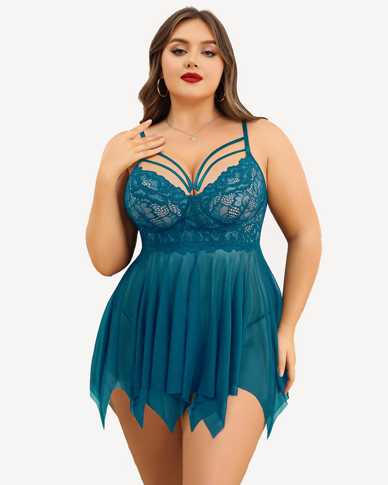Blue lace babydoll nightgown with V-neck straps and sheer pleated skirt.