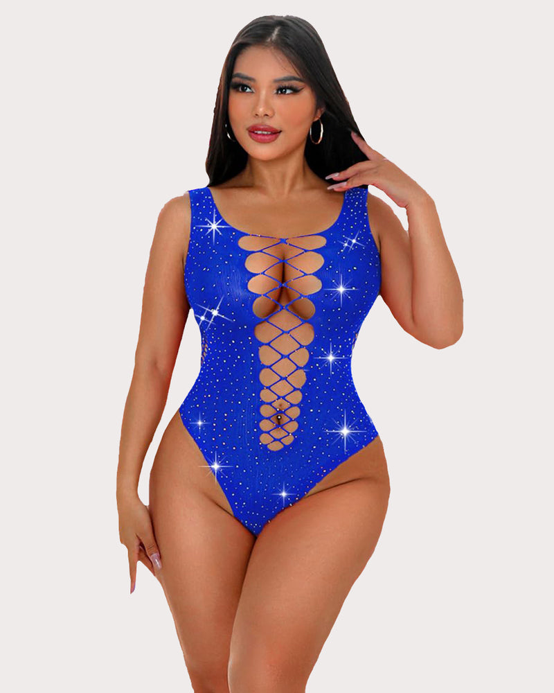 Blue rhinestone mesh bodysuit with crisscross lace-up front cutout