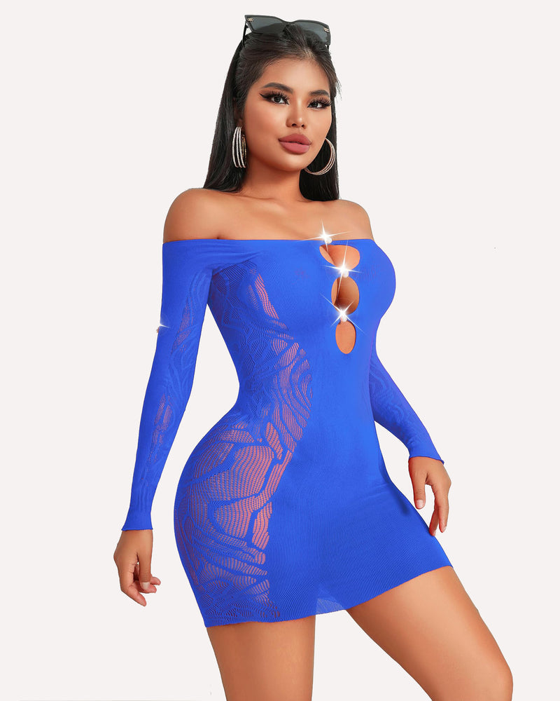 Blue off-shoulder fishnet bodycon mini dress with long sleeves and back oval cutouts