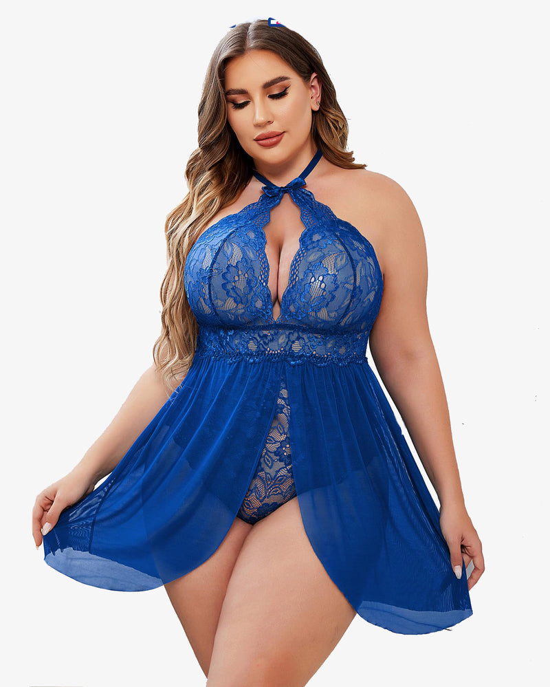 Blue lace halter babydoll with keyhole front and layered sheer skirt
