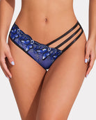 Blue butterfly embroidered sheer mesh panties with black striped side cutouts