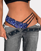 Blue butterfly embroidered sheer mesh panties with black striped side cutouts