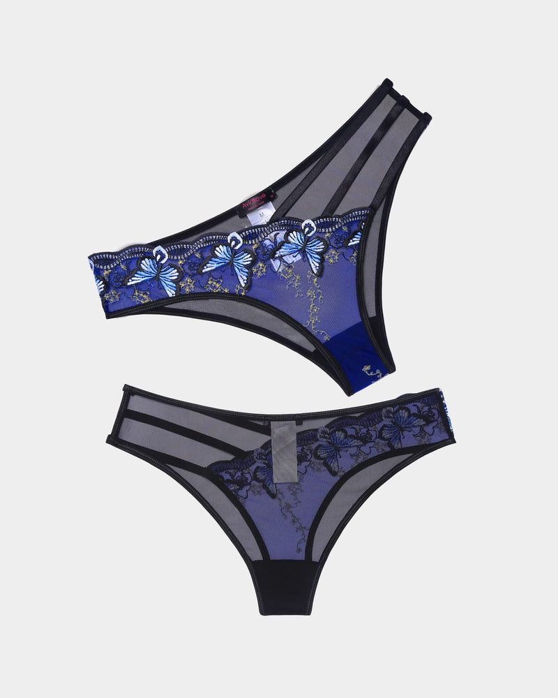 Blue mesh thong set with black side straps and embroidered floral lace front