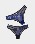 Blue mesh thong set with black side straps and embroidered floral lace front