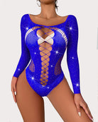 Blue rhinestone fishnet mesh bodysuit with long sleeves and vertical lace-up cutout