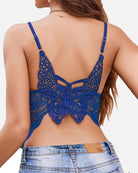 Lace spaghetti strap tank top, blue with butterfly-style floral lace at the back