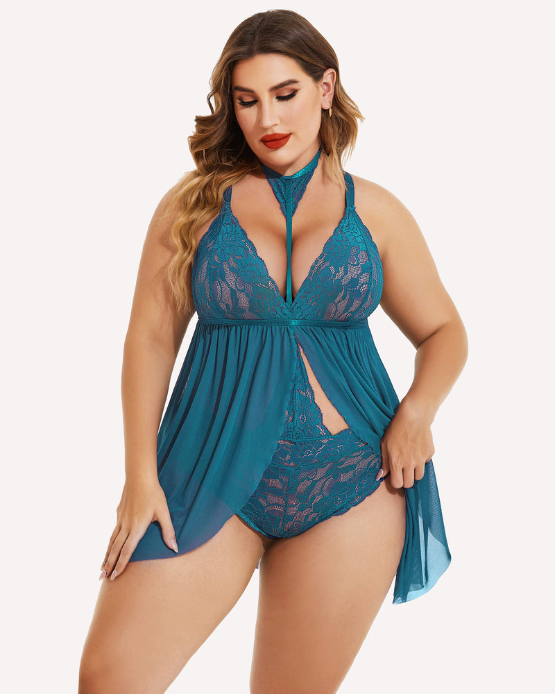 Teal lace babydoll with halter choker neckline, deep lace cups, and sheer skirt overlay