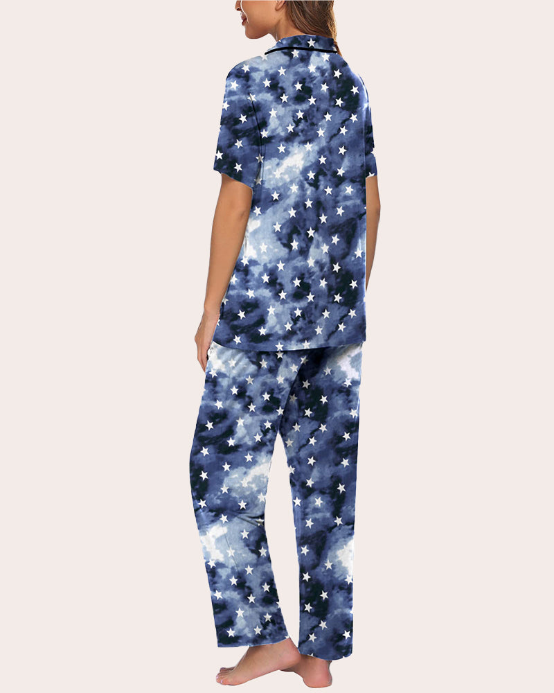 Notch collar soft pajama set in dark star print, short-sleeve top with matching long pants