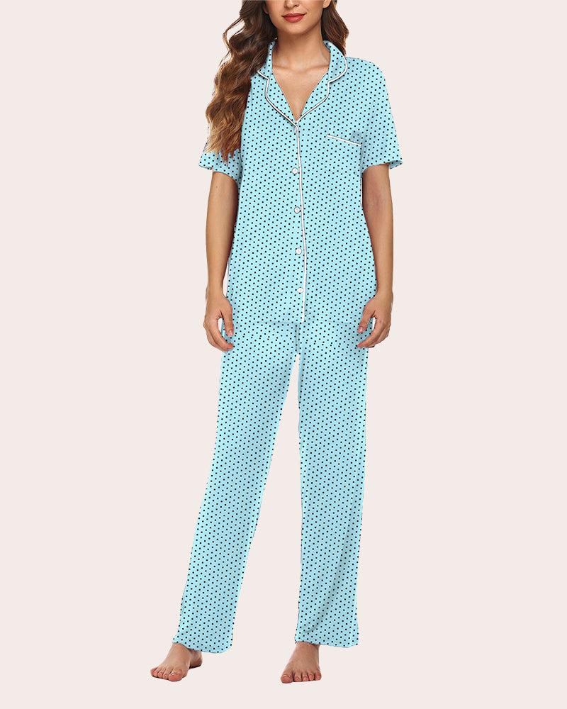 Notch collar soft pajama set in light teal mini dot print, button-front top and long pants
