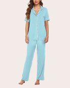 Notch collar soft pajama set in light teal mini dot print, button-front top and long pants