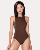 Brown sleeveless high-neck double-lined shapewear bodysuit, front view