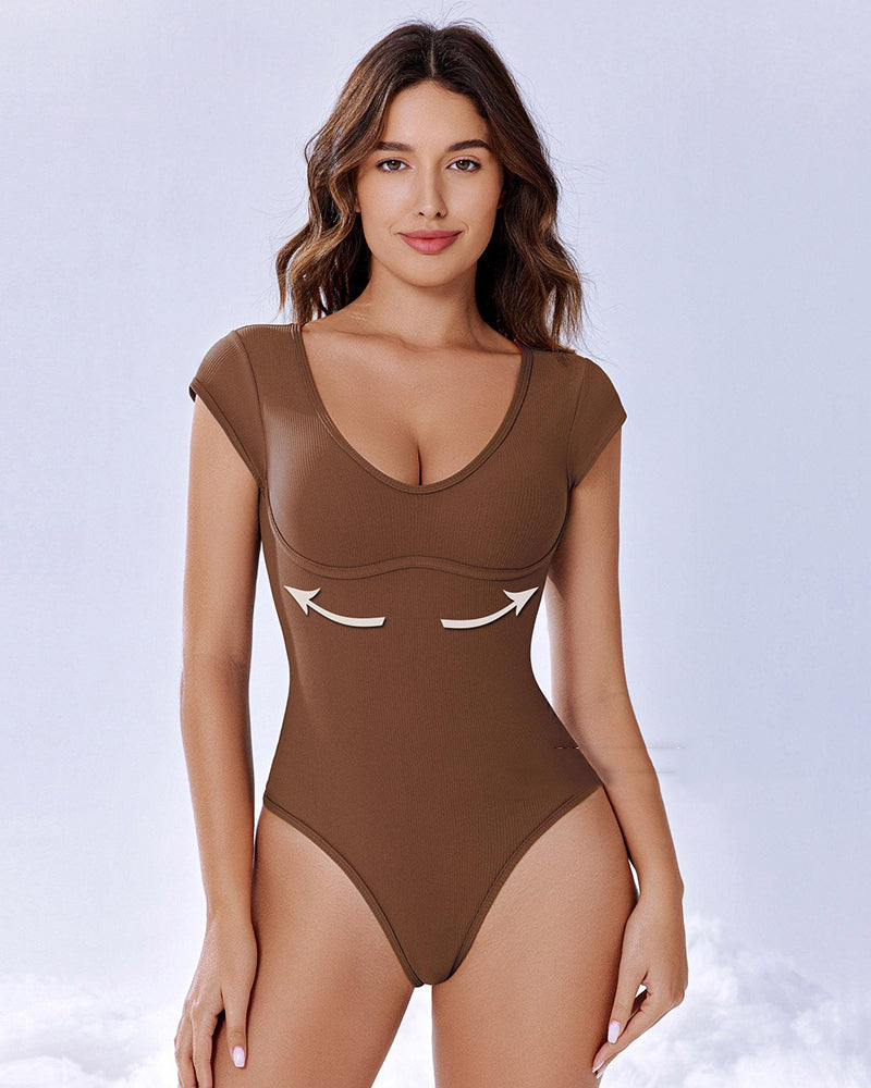 Brown shapewear bodysuit with cap sleeves, scoop neckline, high-coverage fit