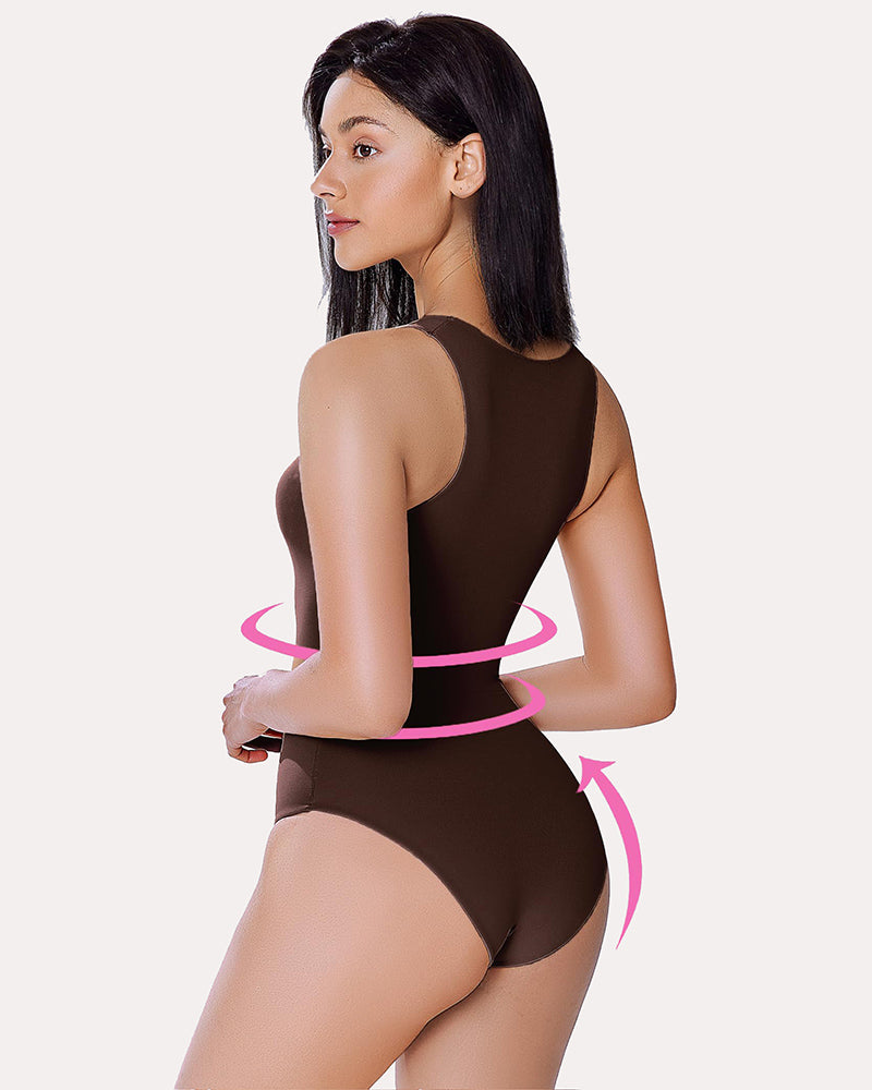 Double-lined tank bodysuit shaper, dark brown, side view with racerback