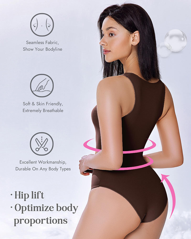 Dark brown double-lined tank bodysuit shapewear with scoop back and high leg