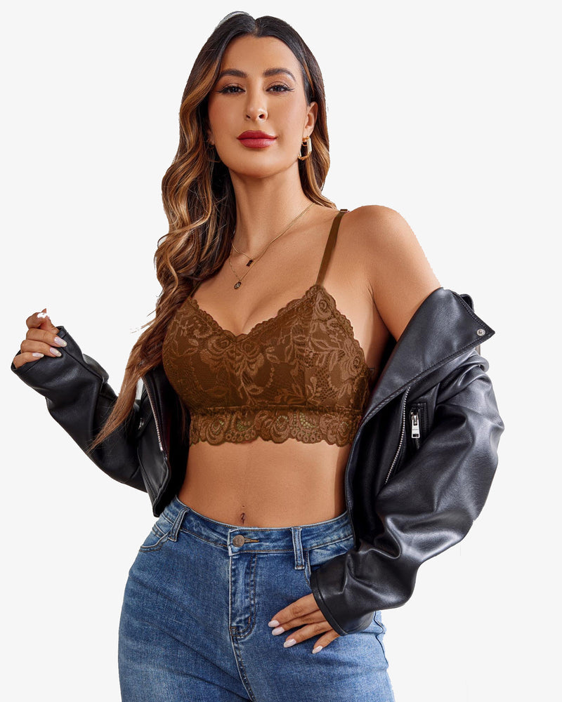 Padded floral lace V-neck crop top, brown lace with V-neck and thin straps