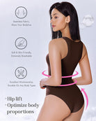Brown sleeveless shapewear bodysuit with smooth back coverage and high-cut leg openings