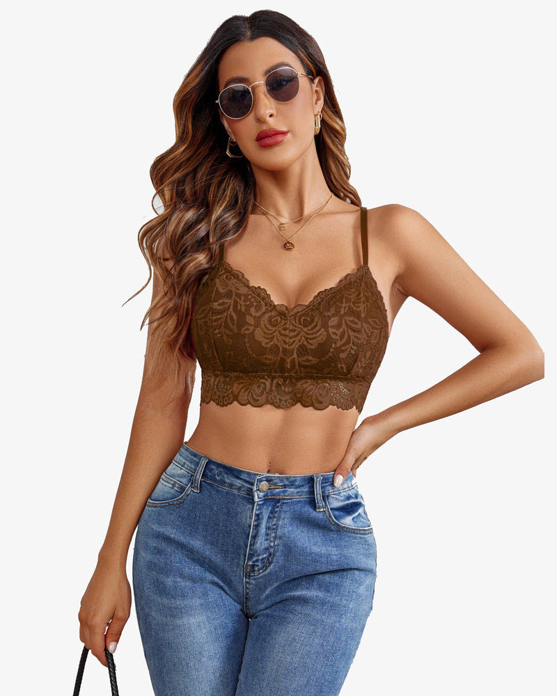 Padded floral lace V-neck crop top, brown lace with scalloped trim and spaghetti straps
