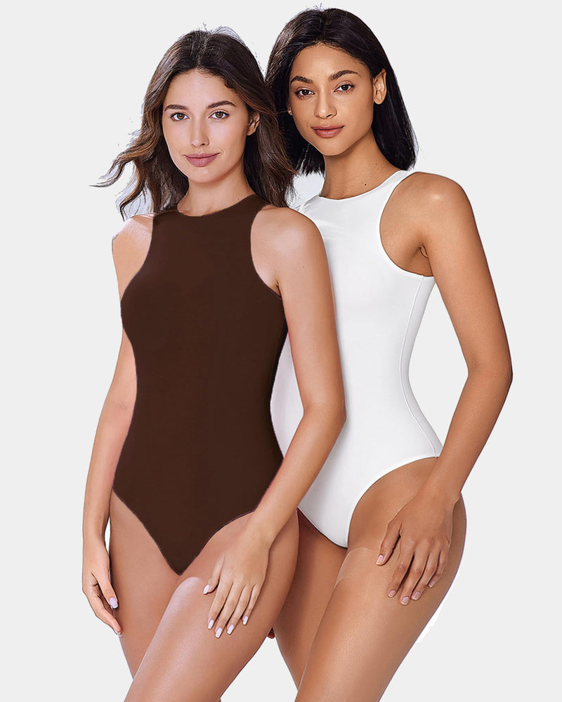 3-pack shapewear bodysuits: brown and white sleeveless double-lined