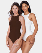 Double-lined sleeveless bodysuit shapewear set in brown and white with thong bottoms.