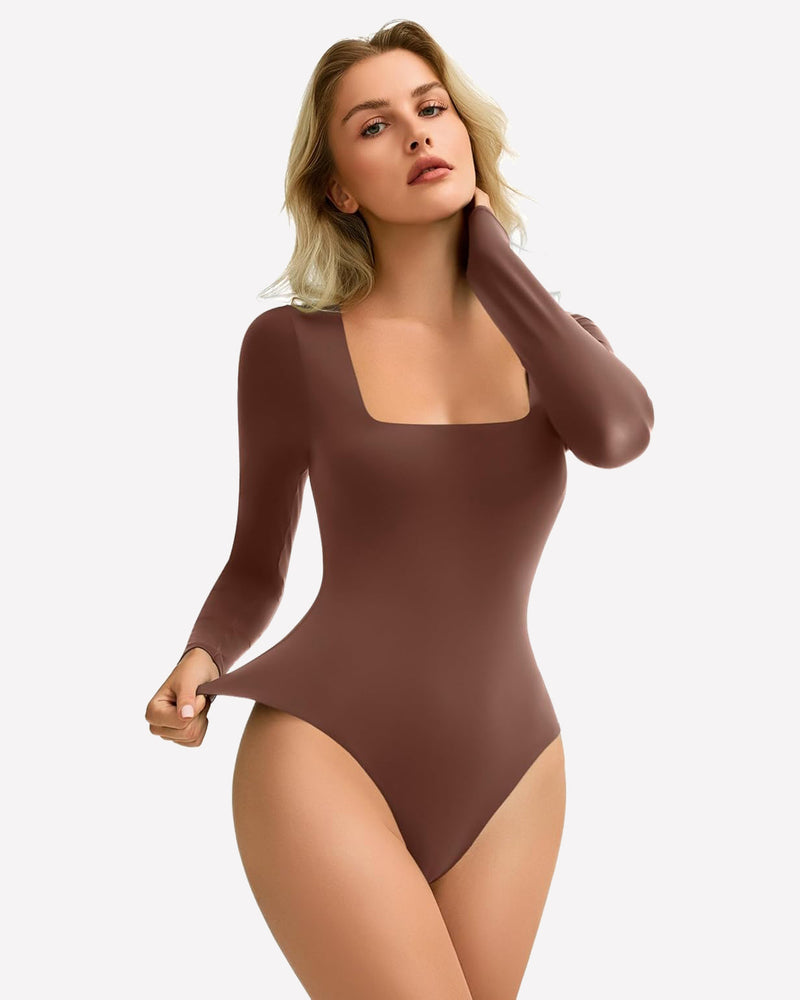 Double-lined square-neck bodysuit in brown, long sleeves and high-cut leg
