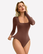 Double-lined square-neck bodysuit in brown, long sleeves and high-cut leg