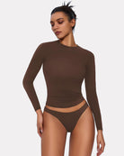 Double-lined fitted long-sleeve top with matching underwear, brown