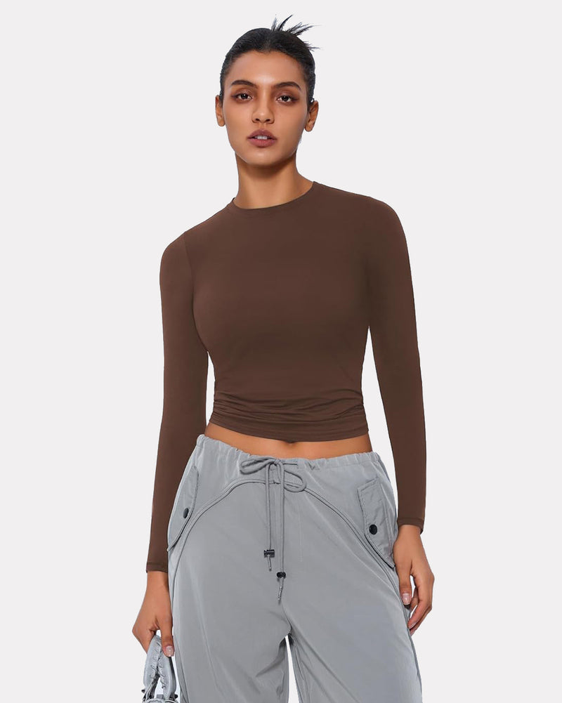 Double-lined fitted long-sleeve top with matching underwear, brown