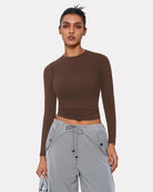 Double-lined fitted long-sleeve top with matching underwear, brown