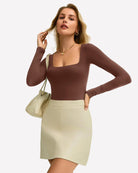 Double-lined square-neck bodysuit in brown with long sleeves and high-cut legs