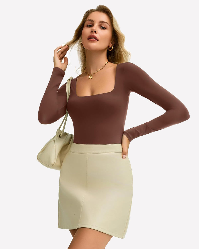 Double-lined square-neck bodysuit in brown with long sleeves and high-cut legs