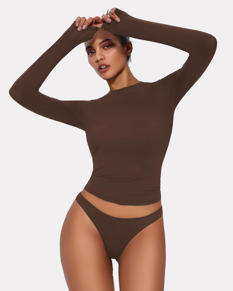 Double-lined fitted long-sleeve top with matching underwear, dark brown