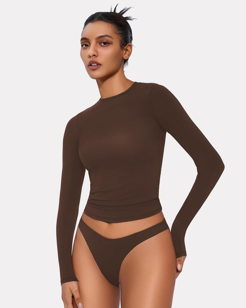 Double-lined fitted long-sleeve top with matching underwear, dark brown