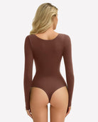 Double-lined square-neck bodysuit in brown, back view with long sleeves
