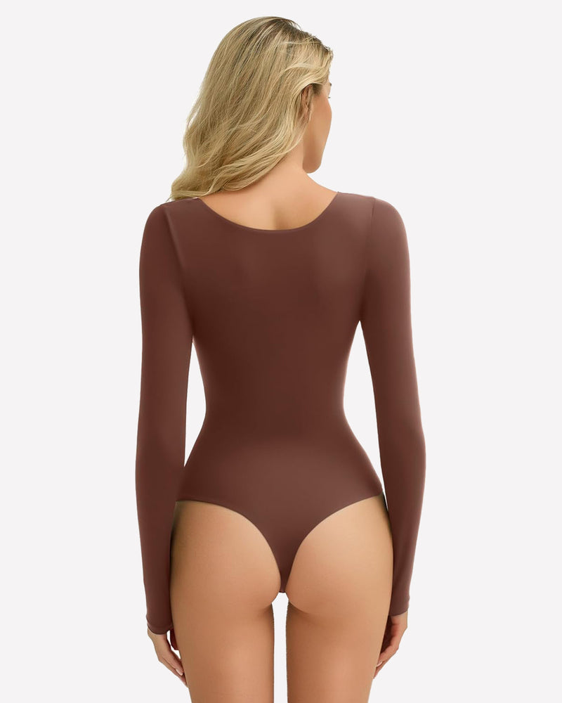 Double-lined square-neck bodysuit in brown, back view with long sleeves